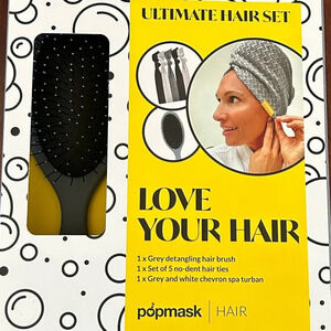 Popmask Ultimate Hair Set hair brush / hair ties/ spa turban brand new